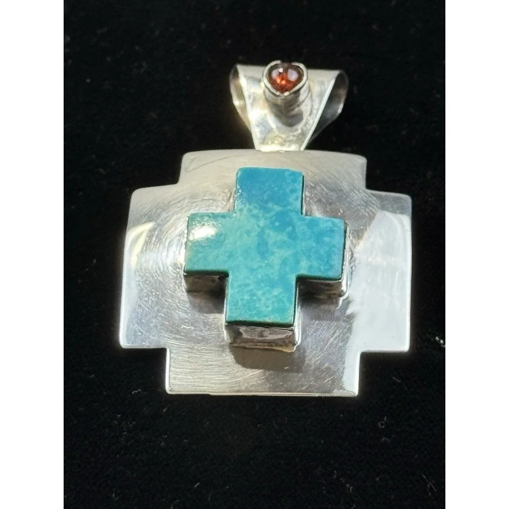 Nakai Sterling Silver Turquoise Cross Pendant Brooch Garnet Heart Signed 22.4g